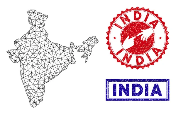 Sokszögű 2D India Térkép és grunge bélyegek — Stock Vector