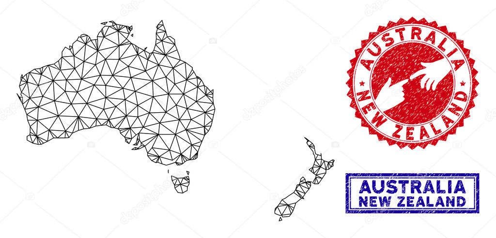 Polygonal Network Australia and New Zealand Map and Grunge Stamps