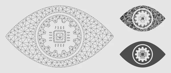 Modelo de armação de arame de malha de vetor de lente de olho cibernético e ícone de mosaico triangular — Vetor de Stock