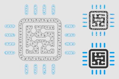 Cpu Devre Vektör Örgü Tel Çerçeve Modeli ve Üçgen Mozaik Simgesi