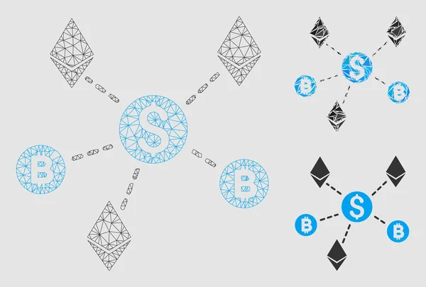 Cryptogeld netwerk vector mesh karkas model en driehoek mozaïek pictogram — Stockvector