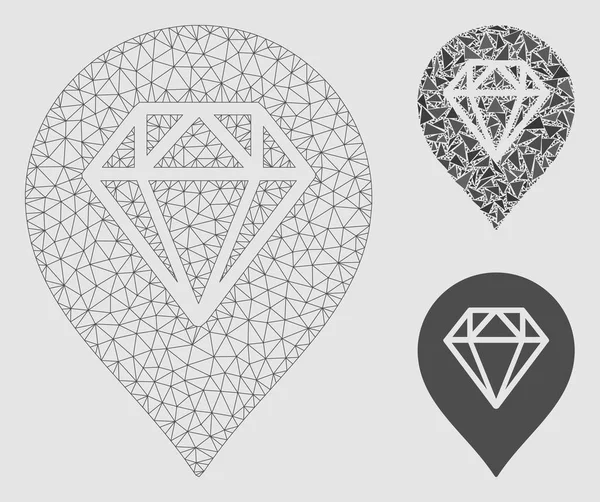 다이아몬드 지도 마커 벡터 메쉬 시체 모델 및 삼각형 모자이크 아이콘 — 스톡 벡터