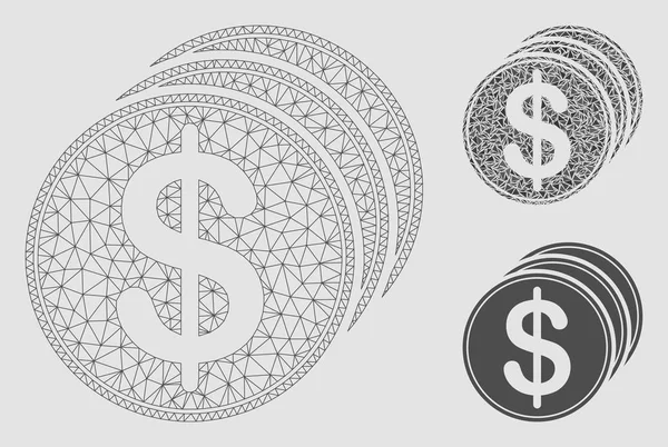 Dollar Coins Vector Mesh Wire Frame Model e Triângulo Ícone Mosaico — Vetor de Stock