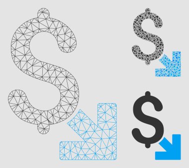 Dolar vektör Mesh tel çerçeve modeli ve üçgen mozaik simge azaltın