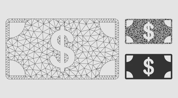 Modelo de quadro de arame de malha de vetor de notas de dólar e ícone de mosaico de triângulo — Vetor de Stock