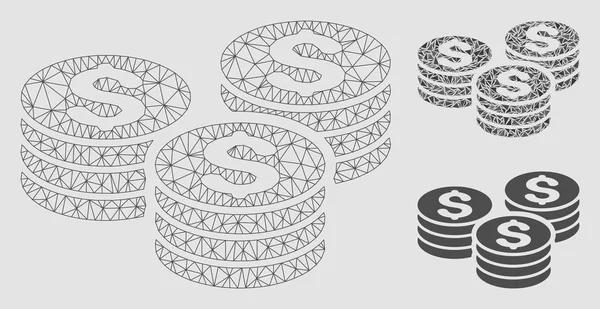 Dollar Coin stosy wektor Mesh model tuszy i Trójkąt mozaika ikona — Wektor stockowy
