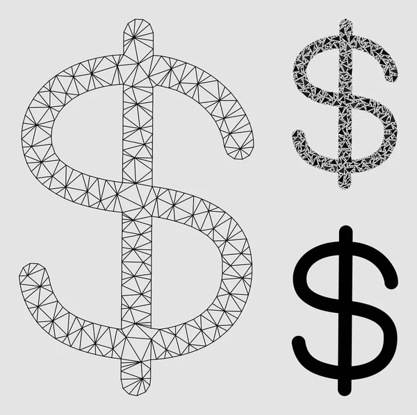 Modèle vectoriel de cadre de fil de maille de dollar et icône de mosaïque de triangle — Image vectorielle