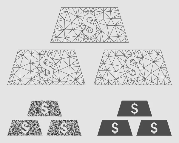 Dollar barras de ouro modelo de carcaça de malha vetorial e ícone do mosaico do triângulo — Vetor de Stock