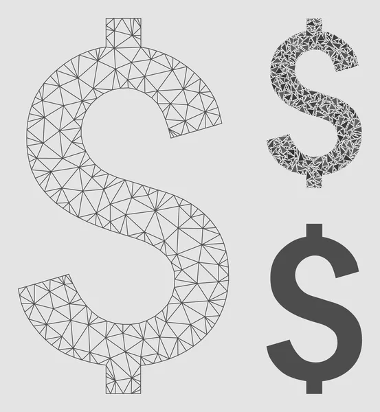 Dollaro Simbolo Vettore Mesh Wire Frame Modello e Triangolo Mosaico Icona — Vettoriale Stock