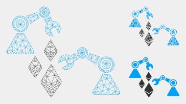 Ethereum Mine Robotik Vektör Örgü Tel Çerçeve Modeli ve Üçgen Mozaik Simgesi