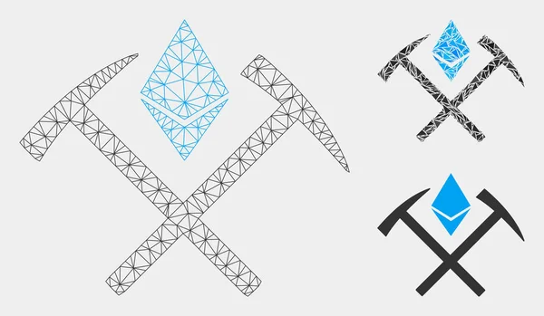 Ethereum gruv hammare vektor mesh tråd ram modell och triangel mosaik ikon — Stock vektor