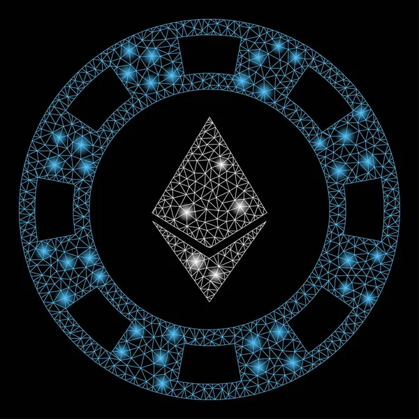 Malla brillante 2D Ethereum Casino Chip con puntos de llamarada — Vector de stock