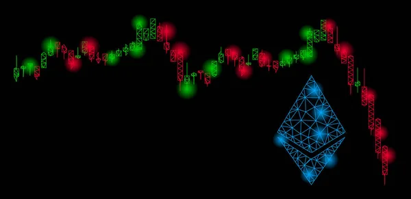 Bright mesh karkas Ethereum vallende grafiek met lichte vlekken — Stockvector