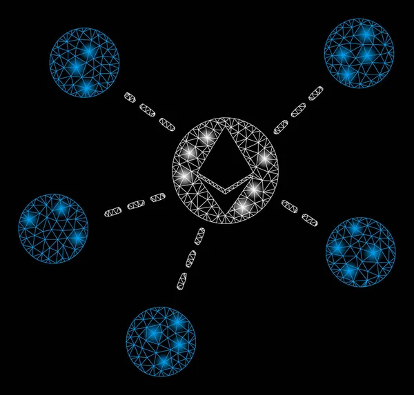 Bright Mesh Wire Frame Ethereum Network with Light Spots — Stock Vector