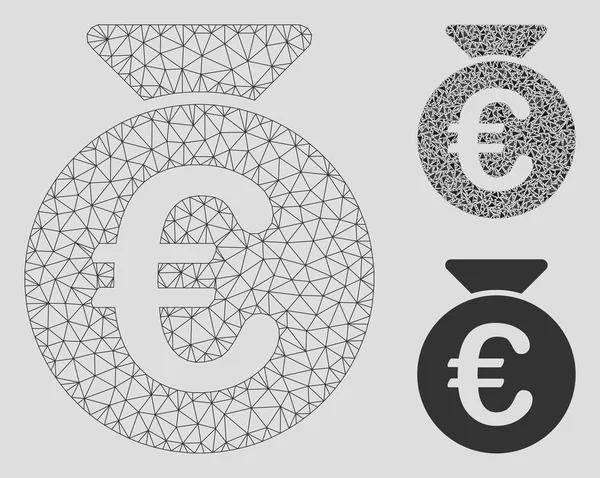 欧元钱袋矢量网线框架模型和三角形马赛克图标 — 图库矢量图片