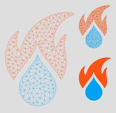 Ateşli Su Damlası Vektör Örgü Karkas Modeli ve Üçgen Mozaik Simgesi