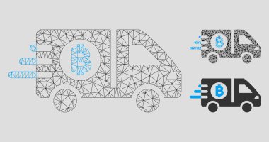 Hızlı Bitcoin Teslimat Araba Vektör Örgü Tel Çerçeve Modeli ve Üçgen Mozaik Simgesi