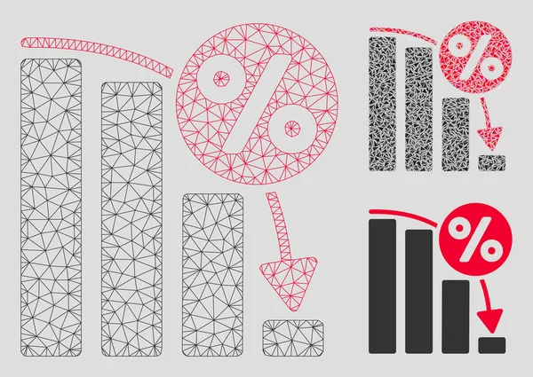 Fallende Prozent Balkendiagramm Vektor Mesh Karkasse Modell und Dreieck Mosaik-Symbol — Stockvektor