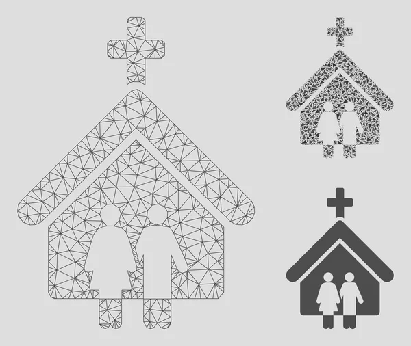 Modelo de marco de alambre de malla vectorial de iglesia familiar y icono de mosaico de triángulo — Archivo Imágenes Vectoriales