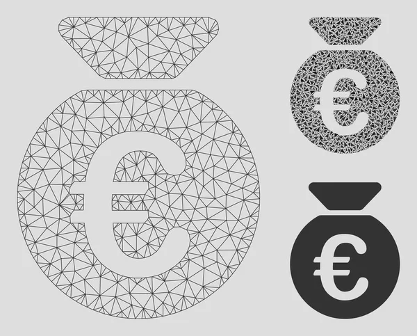 Euro Money Bag Vector Mesh Wire Frame Model and Triangle Mosaic Icon — Stok Vektör