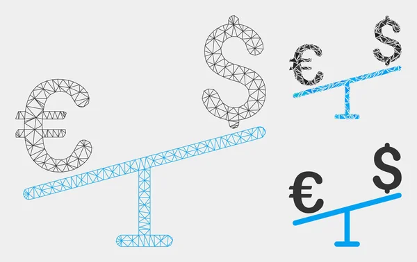 Euro dollar Swing vektor mesh tråd ram modell och triangel mosaik ikon — Stock vektor