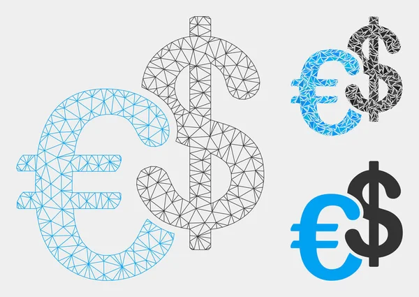 Modèle de cadre de fil de maille vectorielle de devise d'euro et de dollar et icône de mosaïque de triangle — Image vectorielle