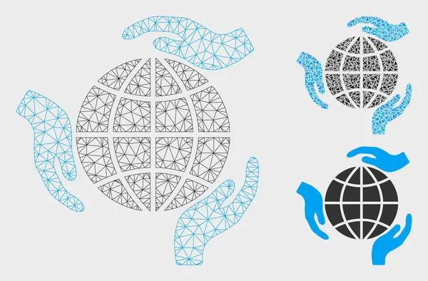 Küresel Koruma Vektör Örgü Tel Çerçeve Modeli ve Üçgen Mozaik Simgesi — Stok Vektör