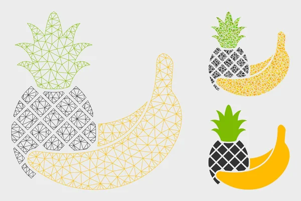 Piña y plátano frutas vector malla red modelo y triángulo mosaico icono — Vector de stock