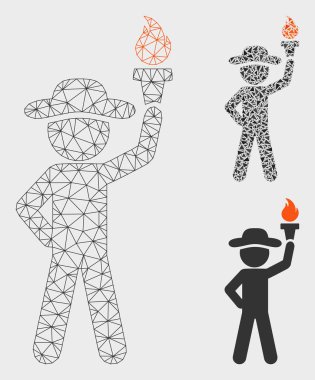 Özgürlük Meşalesi Vektör Örgü Tel Çerçeve Modeli ve Üçgen Mozaik Simgesi ile Gentleman