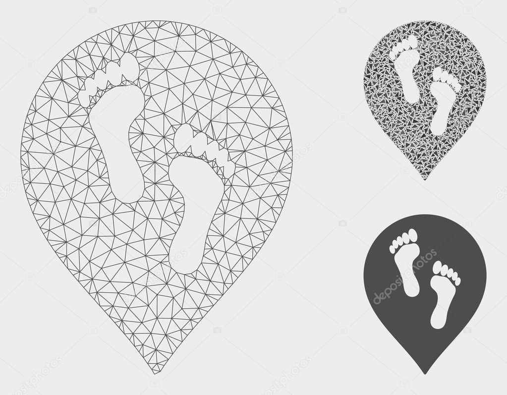 Footprints Map Marker Vector Mesh 2D Model and Triangle Mosaic Icon