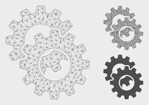 Gears Vector Mesh Wire Frame Model and Triangle Mosaic Icon — Stock Vector