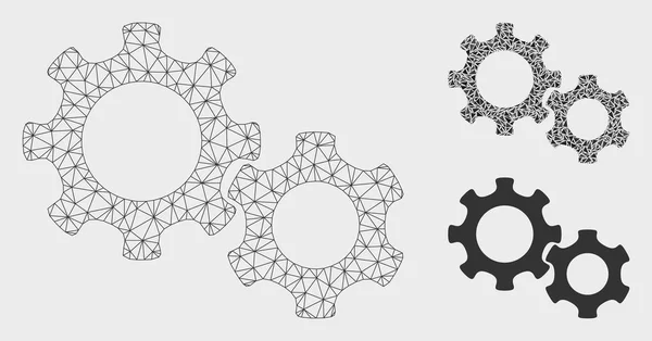 齿轮矢量网格线框架模型和三角形马赛克图标 — 图库矢量图片