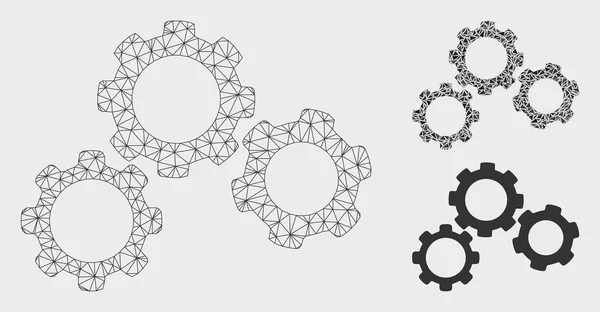 Gears Vector Mesh Network Model and Triangle Mosaic Icon — Stock Vector