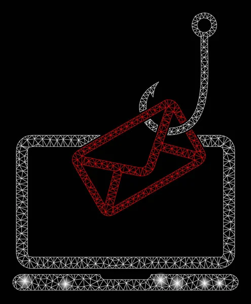 Malha brilhante armação de arame Laptop Mail Phishing com manchas de chama — Vetor de Stock
