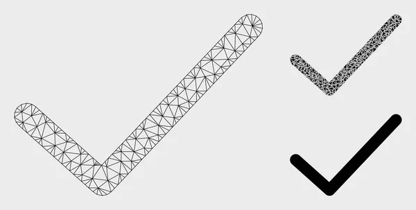 확인 틱 벡터 메쉬 와이어 프레임 모델 및 삼각형 모자이크 아이콘 — 스톡 벡터
