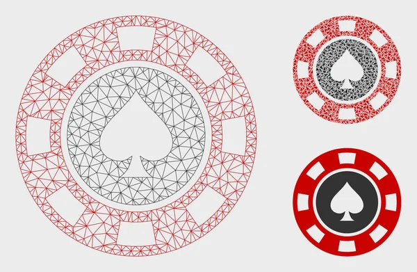 黑桃赌场芯片矢量网格 2d 模型和三角形马赛克图标 — 图库矢量图片