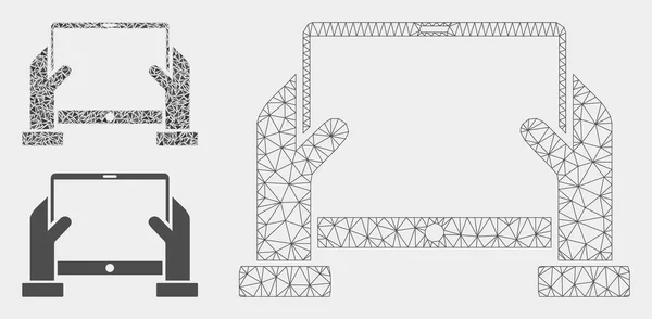 Las manos sostienen el modelo de malla vectorial de la tableta y el icono del mosaico del triángulo — Archivo Imágenes Vectoriales