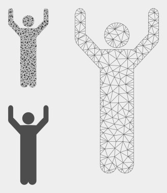 Eller Yukarı Pose Vektör Örgü Tel Çerçeve Modeli ve Üçgen Mozaik Simgesi