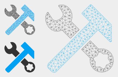 Çekiç ve Anahtar Vektör Örgü Tel Çerçeve Modeli ve Üçgen Mozaik Simgesi