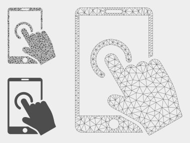El Dokunuşu Akıllı Telefon Vektör Örgü Tel Çerçeve Modeli ve Üçgen Mozaik Simgesi