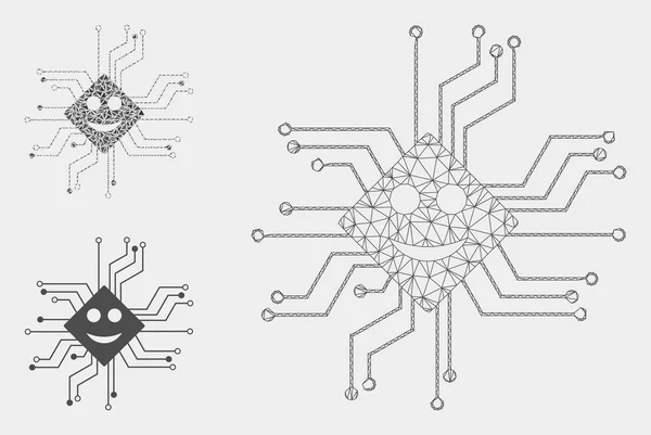 Glücklich Chip Circuit Vektor Mesh 2d Modell und Dreieck Mosaik-Symbol — Stockvektor