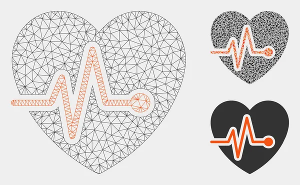 Modèle de cadre de fil de maille de vecteur d'impulsion de coeur et icône de mosaïque de triangle — Image vectorielle