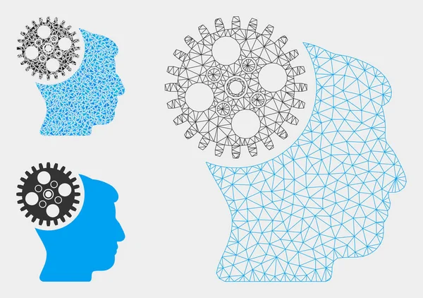 Modèle 2D de maille vectorielle de roue dentée de tête et icône de mosaïque de triangle — Image vectorielle