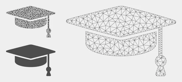Modelo de quadro de arame de malha de vetor de tampa de graduação e ícone de mosaico de triângulo — Vetor de Stock