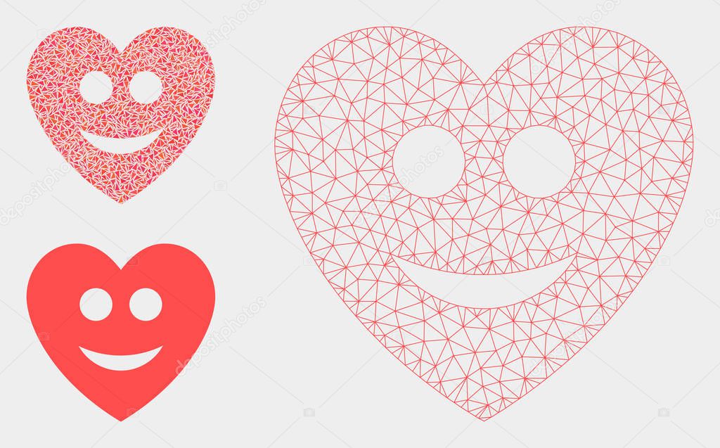 Happy Love Heart Vector Mesh Wire Frame Model and Triangle Mosaic Icon