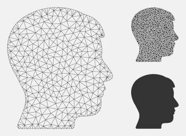 Adam Profil Vektör Örgü Tel Çerçeve Modeli ve Üçgen Mozaik Simgesi