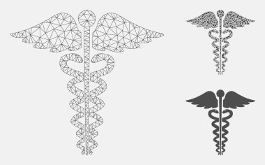Tıbbi Caduceus Amblemi Vektör Örgü Karkas Modeli ve Üçgen Mozaik Simgesi