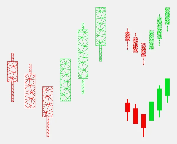 Candlestick Chart Vector Mesh Carcaça Modelo e Triângulo Ícone Mosaico — Vetor de Stock