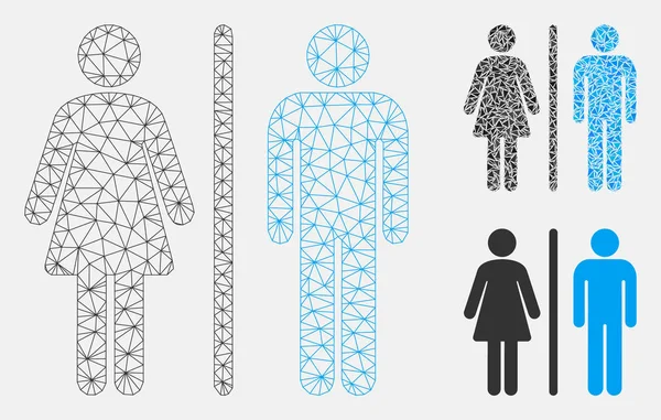 Wc 사람 벡터 메쉬 시체 모델 및 삼각형 모자이크 아이콘 — 스톡 벡터