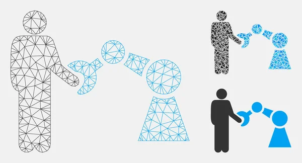 โมเดลเครือข่ายตาข่ายหุ่นยนต์จับมือและไอคอนโมเสคสามเหลี่ยม — ภาพเวกเตอร์สต็อก